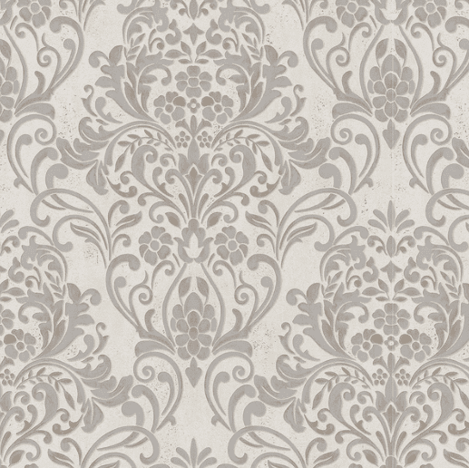 A white and grey floral wallpaper with a pattern.